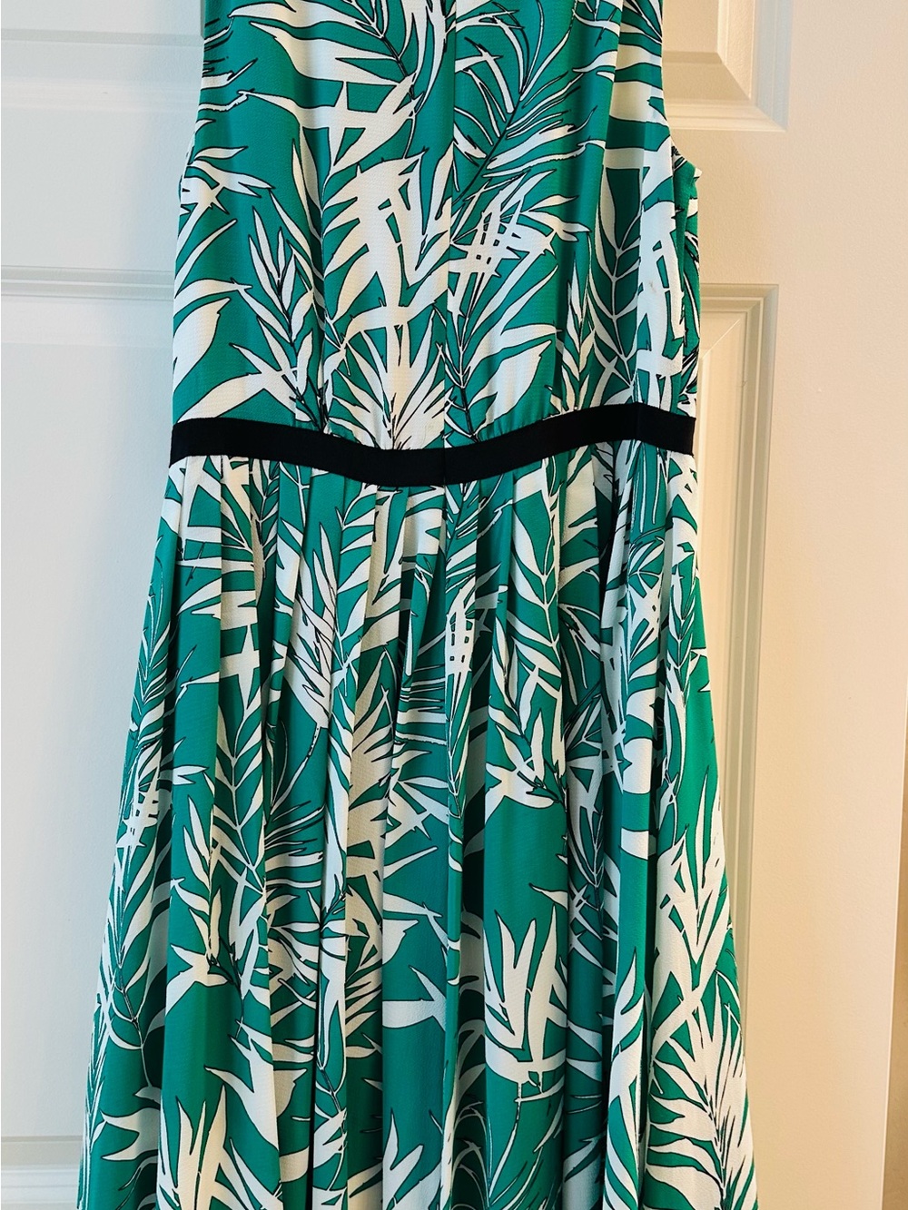 Emerald Green and White Tropical Leaf Midi Dress with Black Waistband
